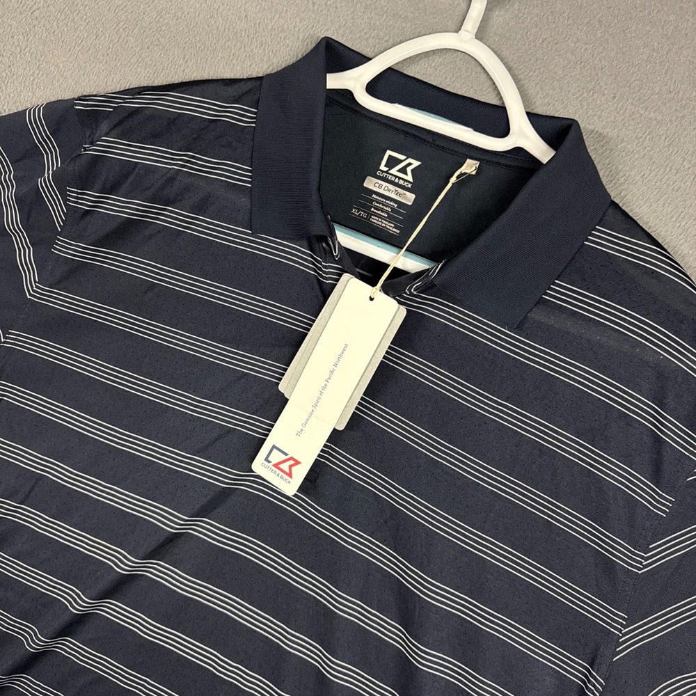 Cutter & Buck Polo Shirt Mens XL Navy Striped CB DryTec Stretch Polyester NWT